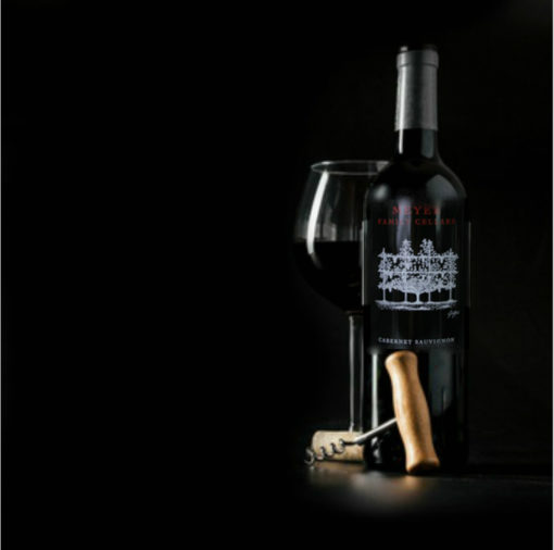 Bottle of Meyer Family Cellars Fulffy Billows Cabernet Sauvignon Oakville with glass of wine and corkscrew available at wine spectrum