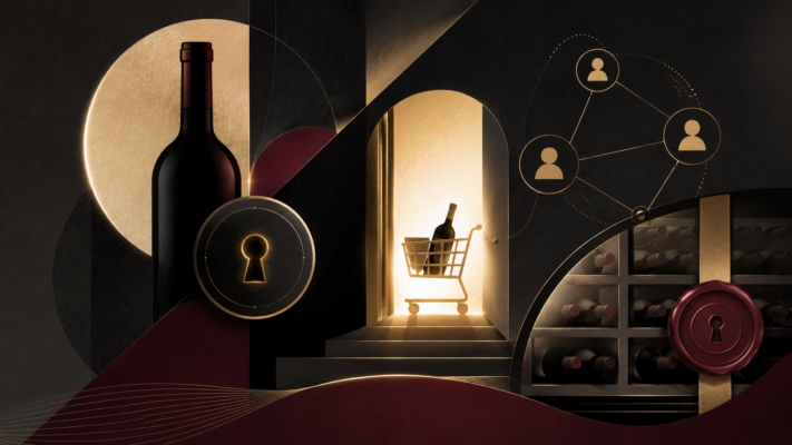 Abstract graphic showing a wine bottle, keyhole, and illuminated shopping cart doorway, representing exclusive access to private Wine Spectrum pricing. Fine Wine Deals with "Add to Cart to Reveal Price."